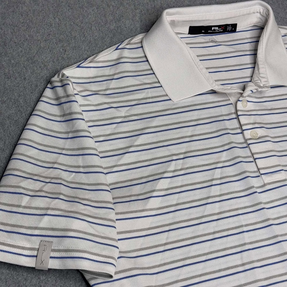 RLX Ralph Lauren Performance Polo Grey White Striped Men's Size Large Golf - Picture 2 of 7